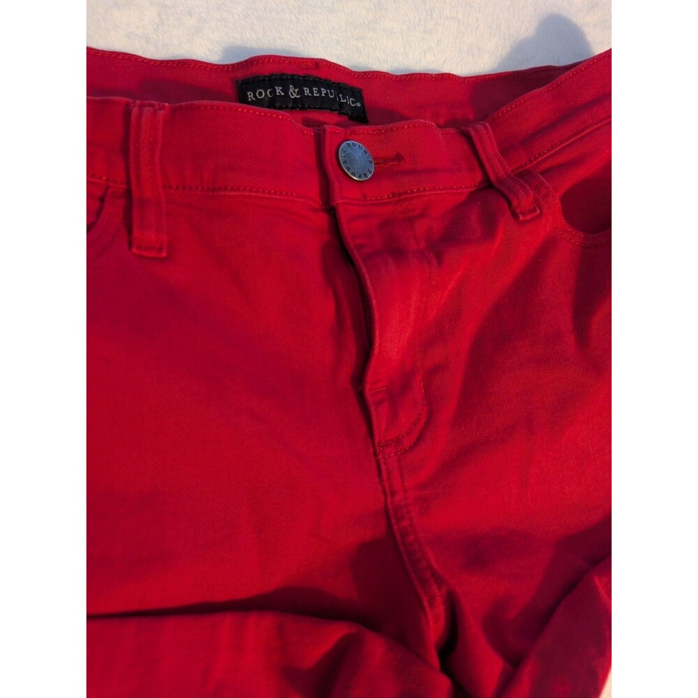 Rock & Republic Sz 14 Women's Jean Mini Shorts Red Denim Frayed Raw Hem Stretch